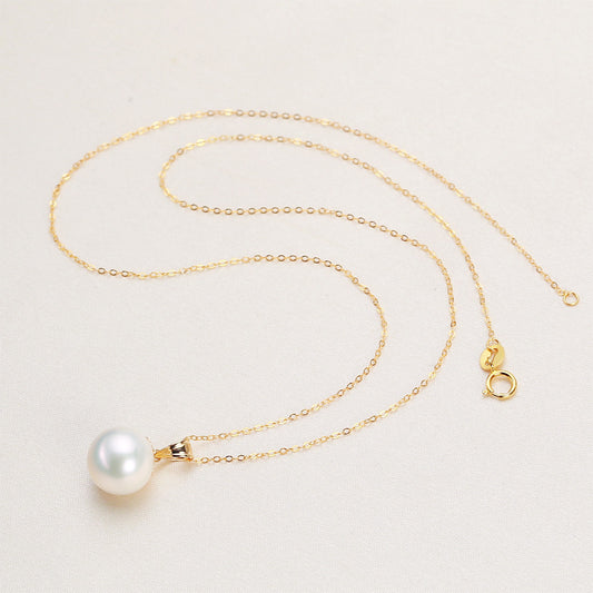 18K Gold Oval Buckle Pendant White Pearl Necklace